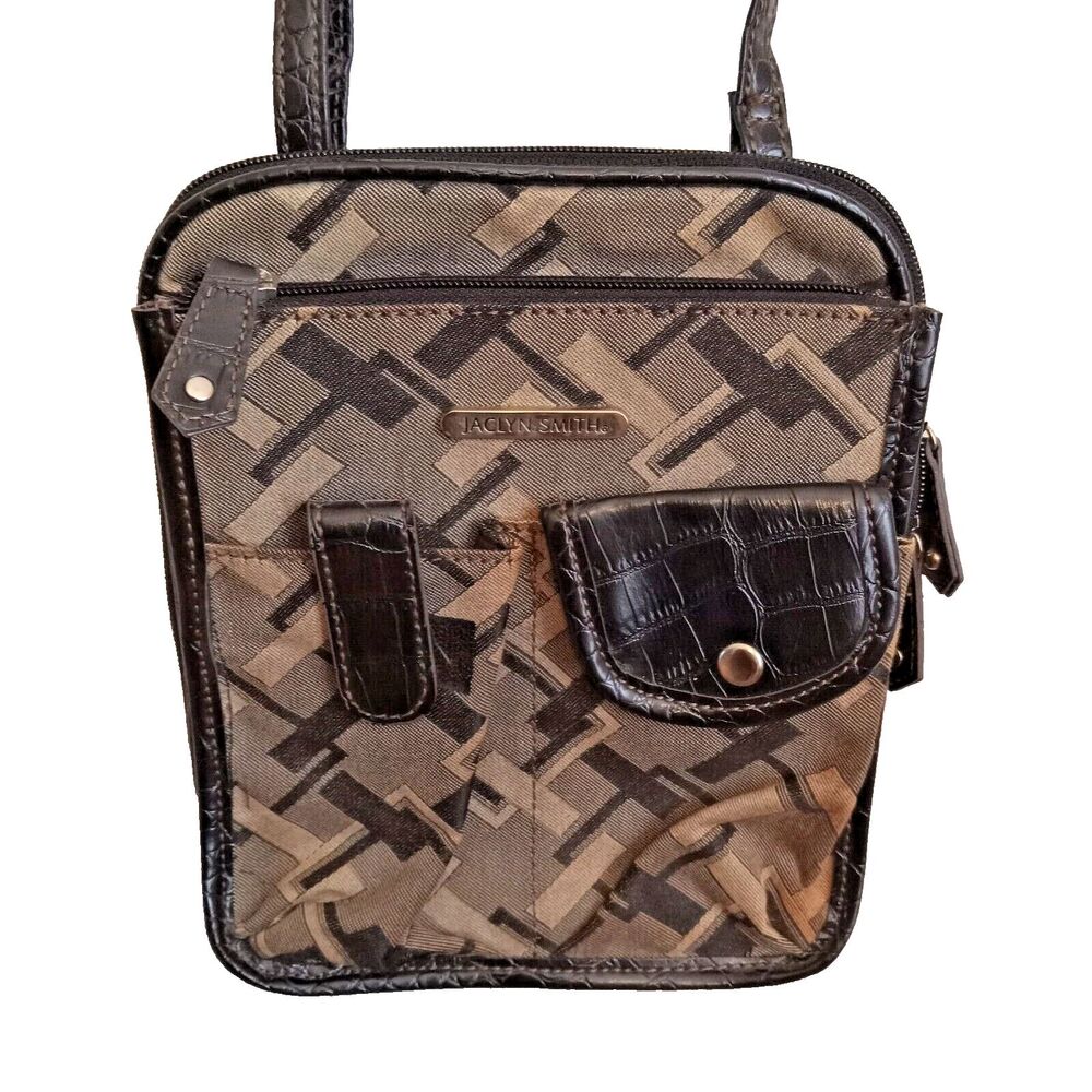 Jaclyn Smith Crossbody Bag Purse Gray Black Geometric Design 9"H 7.5"W 32"straps